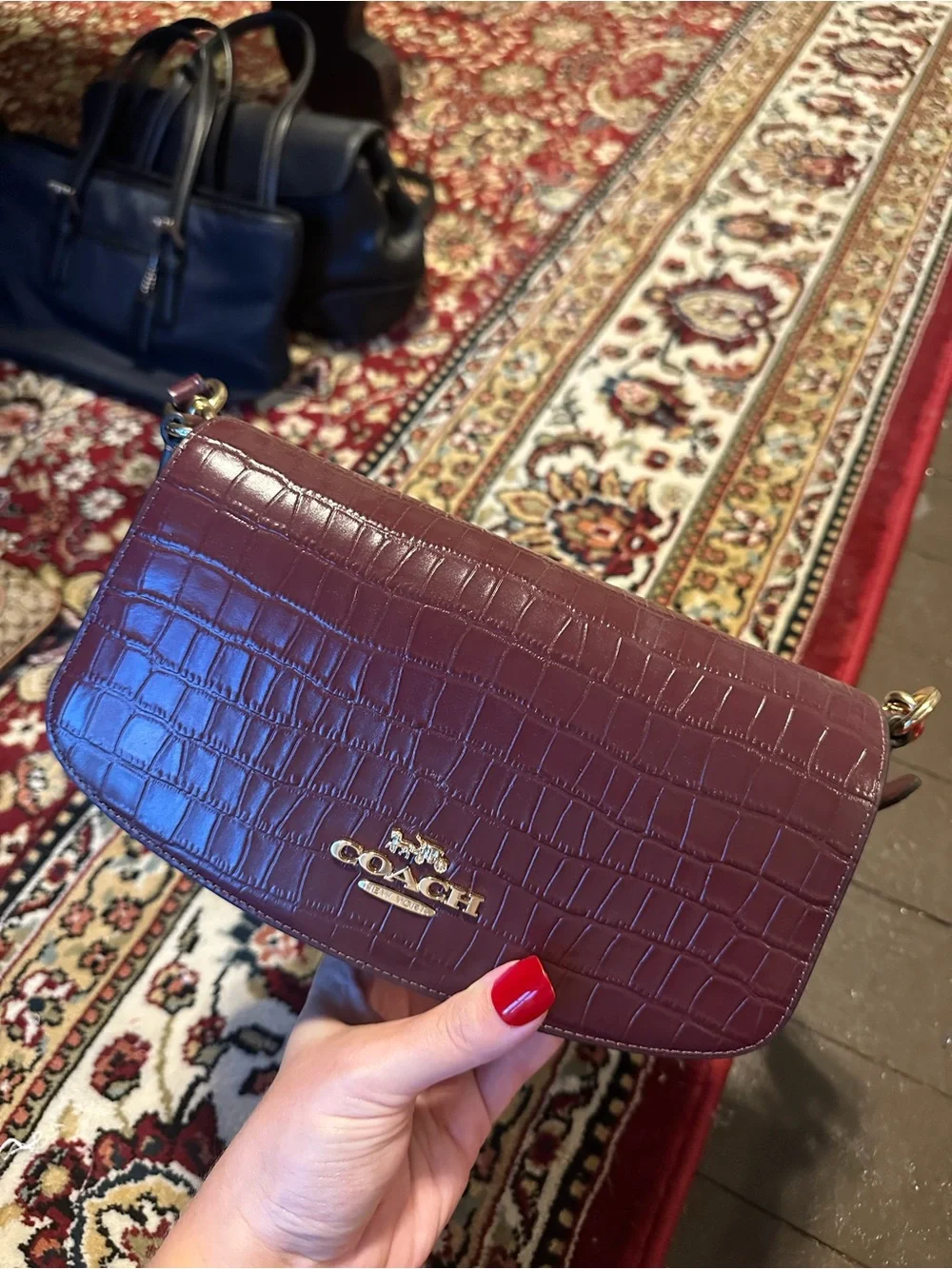 Coach Burgundy Croc-Embossed Leather Crossbody with Gold Hardware